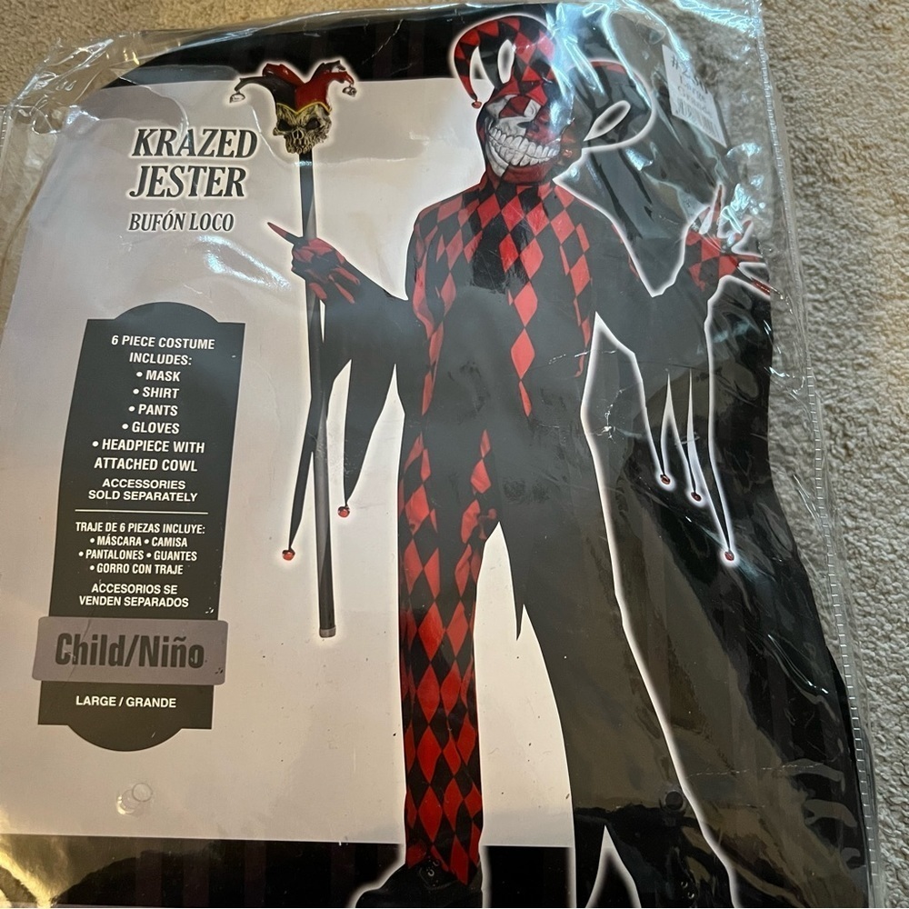Child’s partial jester Costume. Pants and headpiece with cowl Sz 12/14